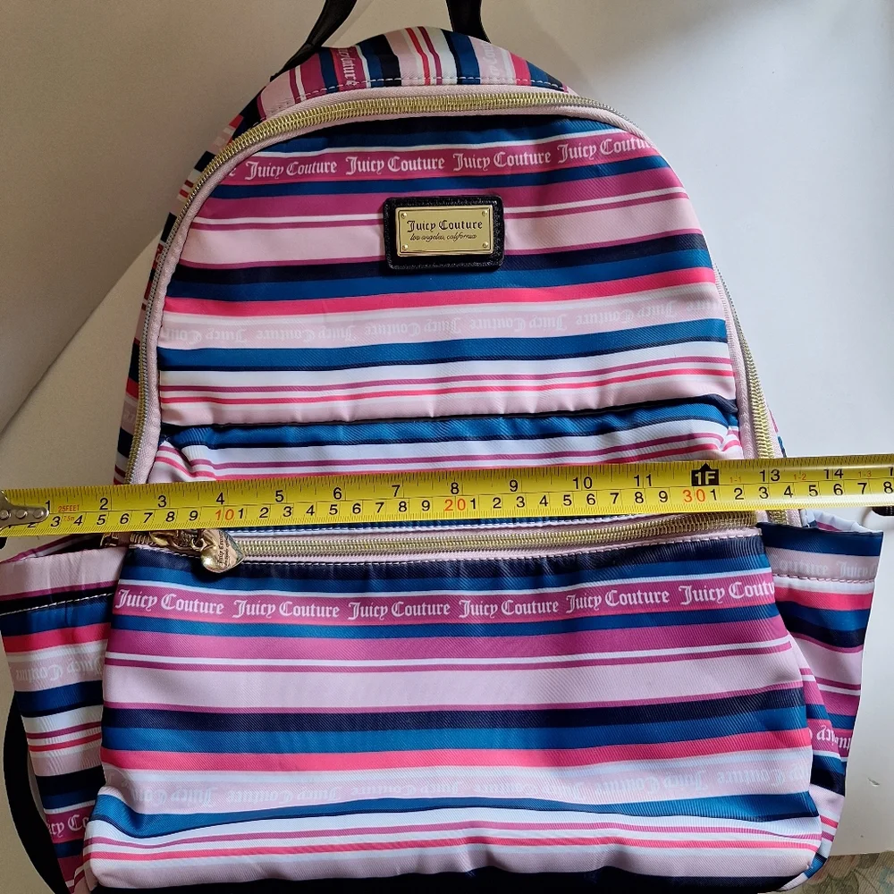 Juicy Couture Wild Heart Striped Full Size Backpack Gold Hardware Goth Text EUC